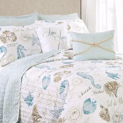 King Reversible 5 pc Bedding Set Quilt Shams Nautical Beach White Blue Tan