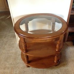 Vintage Solid Wood Side Table With Beveled Glass Top