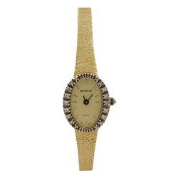 Ladies Geneve 15mm x 20mm Vintage 14K Yellow Gold Watch with Gold Dial and Diamond Bezel. (Pre-Owned)