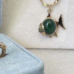14K Gold Chain (18 inch), Malachite Fish Pendant (5.7 grams), and 10K Gold Ring with Emerald Stones (1.8 grams).