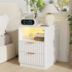 B796 $80  Fluted 2-Drawer Nightstand with RGB Lights Built-In Power Outlet Curved Edge Design Smooth Sliding Drawers  Product Dimensions 18.1"D x 18.1