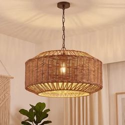 Natural Rattan Spider Boho Lamp Shade Handwoven Indonesian Rattan 19" D × 10" H, Chandelier Shape
