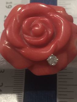 Vintage Natural Coral Flower 14K YG Handmade Ring, 0.15 Carat Diamond, Size 7.25, 15 grams