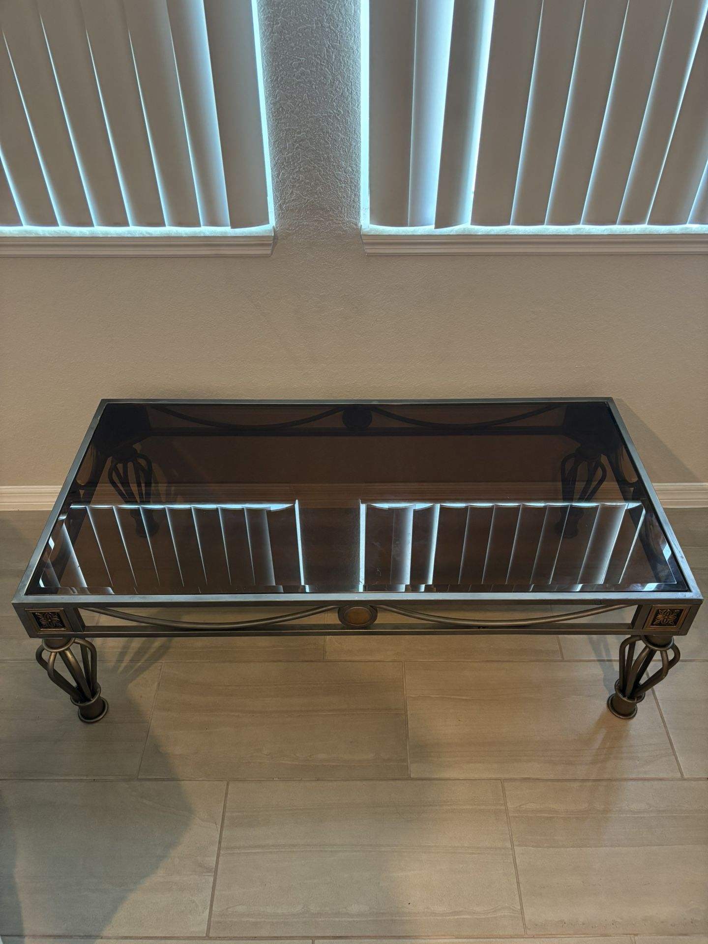 🖤 Glass & Metal Coffee Table – Wrought Iron Frame w/ Bronze Accent!