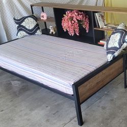 Single Bed with Mattress and Attached Bookcase