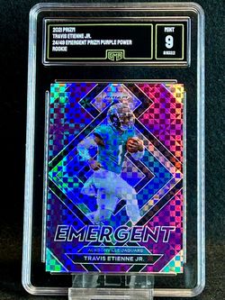 2021 Prizm 💥 Travis Etienne Jr 💥 Emergent Prizm Purple Power Rookie 24/49 GMA 9 Mint 💎 - Jacksonville Jaguars / New Orleans Saints