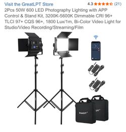 2Pcs 50W 600 LED Photography Lighting with APP Control & Stand Kit, 3200K-5600K Dimmable CRI 96+ TLCI 97+ CQS 96+, 1800 Lux/1m, Bi-Color Video Light f