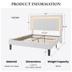 SHA CERLIN Full Size Velvet Bed Frame with LED Light, Adjustable Vertical Channel Tufted Headboard, Strong Wooden Slats Support, Noise-Free, No Box Sp
