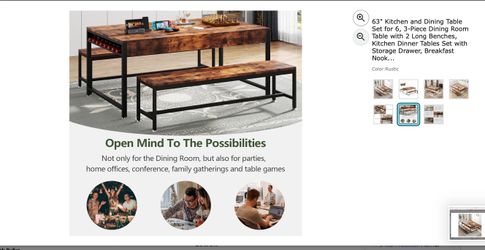 Loomie 63" Dining Table Set for 4-6, 3-Piece Kitchen Table with 2 Utensil Drawers, 2 Benches & Wine Rack, Modern Space Saving & Heavy Duty Dinner Tabl