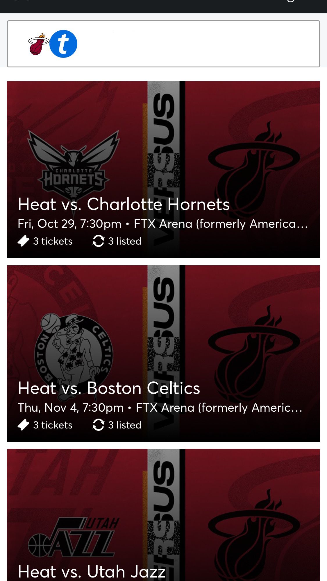 3 Miami Heat Tickets Vs Charlotte Hornets Friday 10/29