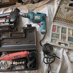 Lot of Power Tools - Drill, Jigsaw,  4 Speed Rotary  Tool, Drill Bits etc.