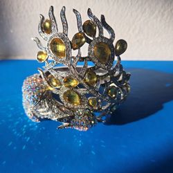 Large Bold Couture Yellow & Iridescent Rhinestone Peacock Bird Cuff Bracelet