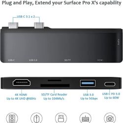 Surface Pro X Hub Docking Station Dual Monitor, 6 in 1 Microsoft Surface Pro X Accessories Adapter Dock with 4K HDMI