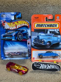 Hot wheels & matchbox lot of 4 skateboard 1941 Cadillac star spangled mustang