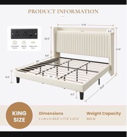 SHA CERLIN King Size Velvet Bed Frame with Shelf, Charging Station, Cream