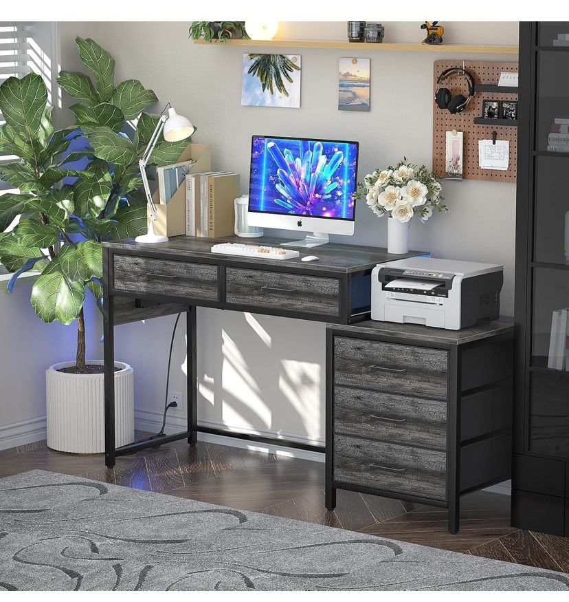 New computer desk with 5 fabric drawers and usb/plugs grey $60 firm