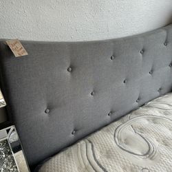 Queen Bed Frame In Gray Fabric Headboard 