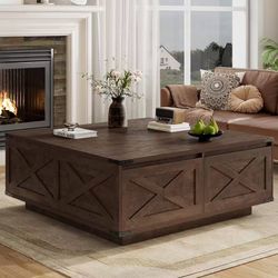 St.Mandyu 47” Farmhouse Square Coffee Table with 4 Drawers Extra Large Coffee Table with Storage Wooden Large Coffee Tables for Living Room Square Cen
