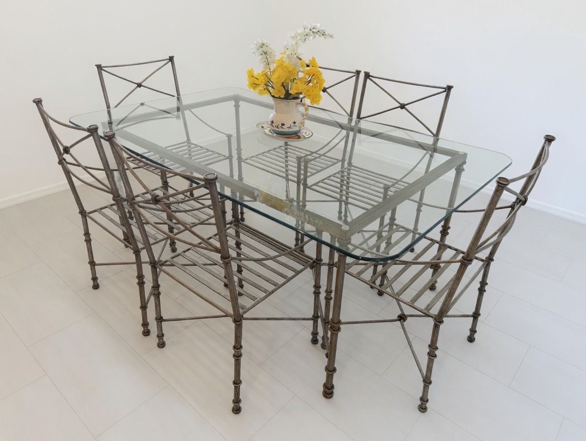 Pier 1 Midici Wrought Iron Dining Table Pewter Rustic Patina & 6 Chairs Indoor Outdoor Patio EUC
