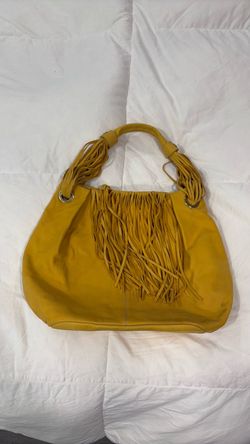 Beautiful Aleanto mustard yellow leather fringe hobo shoulder bag.