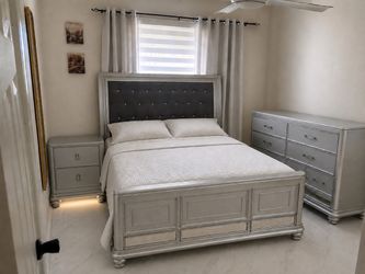Silver Bedroom Set with Bed, Dresser, and Nightstand