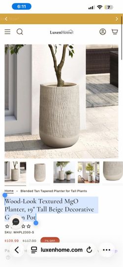 Wood-Look Textured MgO Planter, 19" Tall Beige Decorative Garden Pot 245 $70