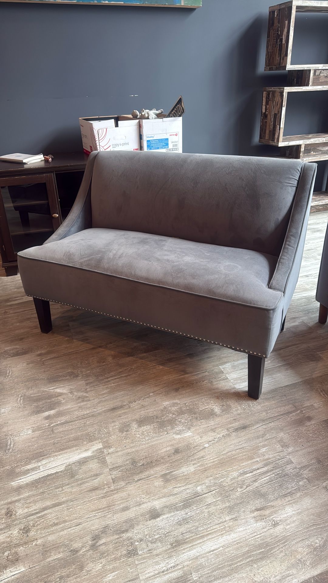 Velvet Loveseat Settee With Nailhead Trim - Grey