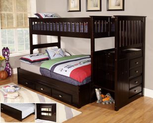 AVAILABLE STAIR STEPPER TWIN OVER FULL BUNK BED ESPRESSO . $53 DOWN PAYMENT