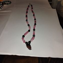 Pink And Black Bead Necklace With Brown Owl Pendant 