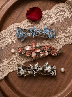 Floral Rhinestone Hair Barrettes Set of 3