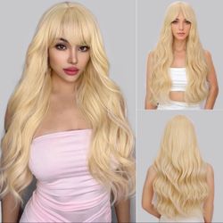 Blonde Wig with Bangs, Heat Resistant Synthetic Wigs 23 Inches
