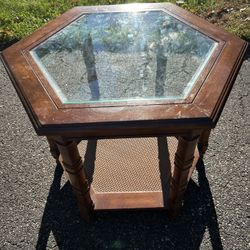 Vintage Hexagon Wood & Glass Side Table 
