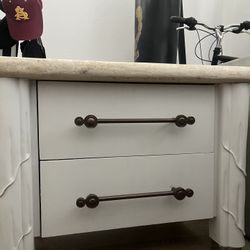 2 White And Bronze Stone Top Bedside Tables 