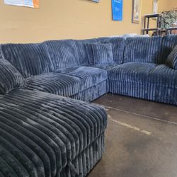 Midnight blue Gray Corduroy U-Shape Sectional Storage Chaise Pull Out Bed Ottoman 