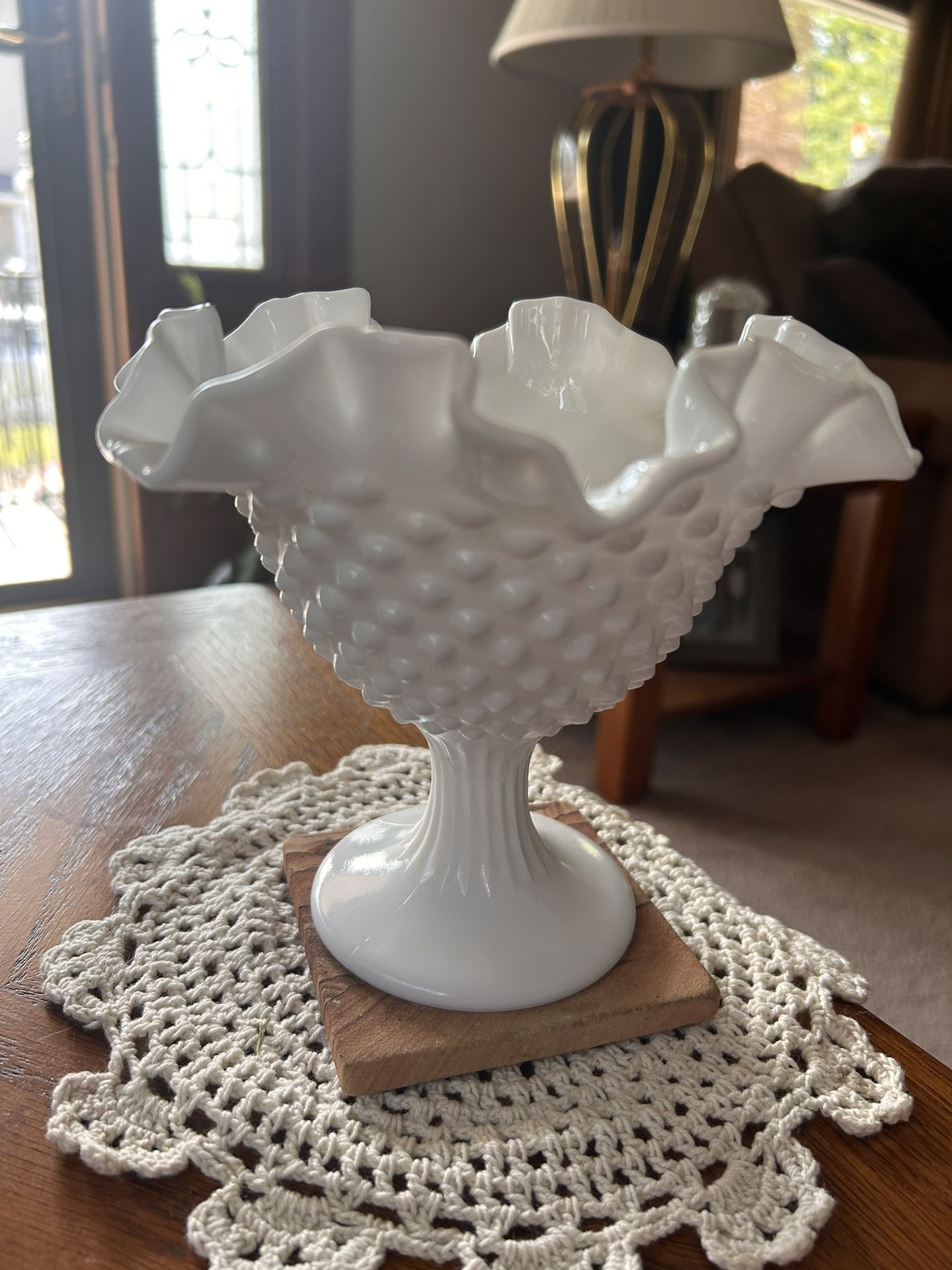 Vintage Hobnail Milk Glass Candy Dish Vase Fenton? Pedestal Ruffled Edge 6."T