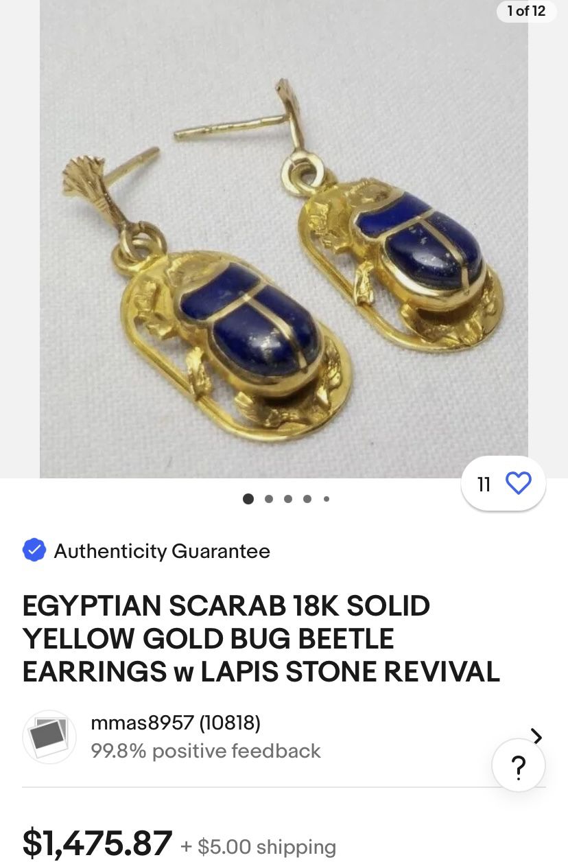 18k Solid Yellow Gold Egyptian Scarabs Dangling Earrings With Lapis Lazuli 