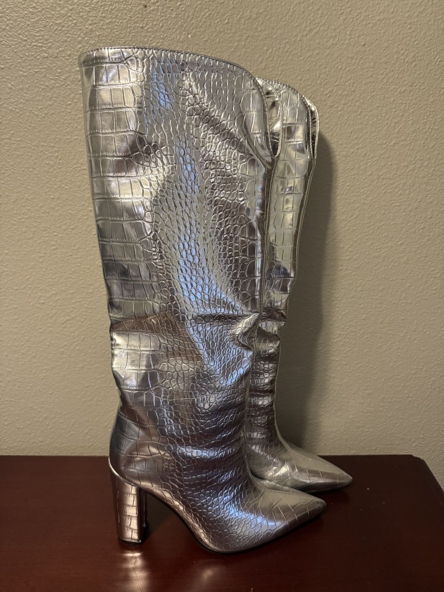 Knew High Silver Boots