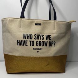 Kate Spade Disney canvas tote bag beige gold XL   "Who Says We Have To Grow Up"
