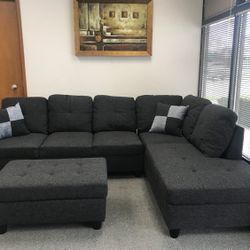 Charcoal Linen Sectional Couch And Ottoman