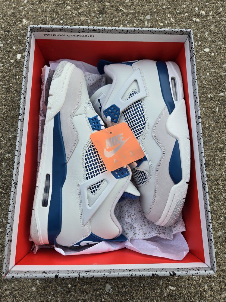 Early Brand New. Jordan 4 Military Blue. Size: 8, 9, 9.5, 10, 10.5, 11, 11.5, 12, 13, 16 (Pick Up Only)