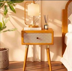 Solid Wood Rattan Nightstand