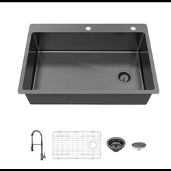 Kitchen sink, 33 in. Drop-In Single Bowl Gunmetal Black Stainless Steel  Sink  with Faucet
