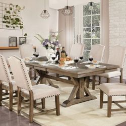 Brand New Rustic Light Oak, Beige 9pc Dining Table Set