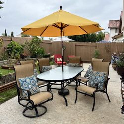 Outdoor Dining Table Set & Sunbrella Umbrella And Base & Pillows