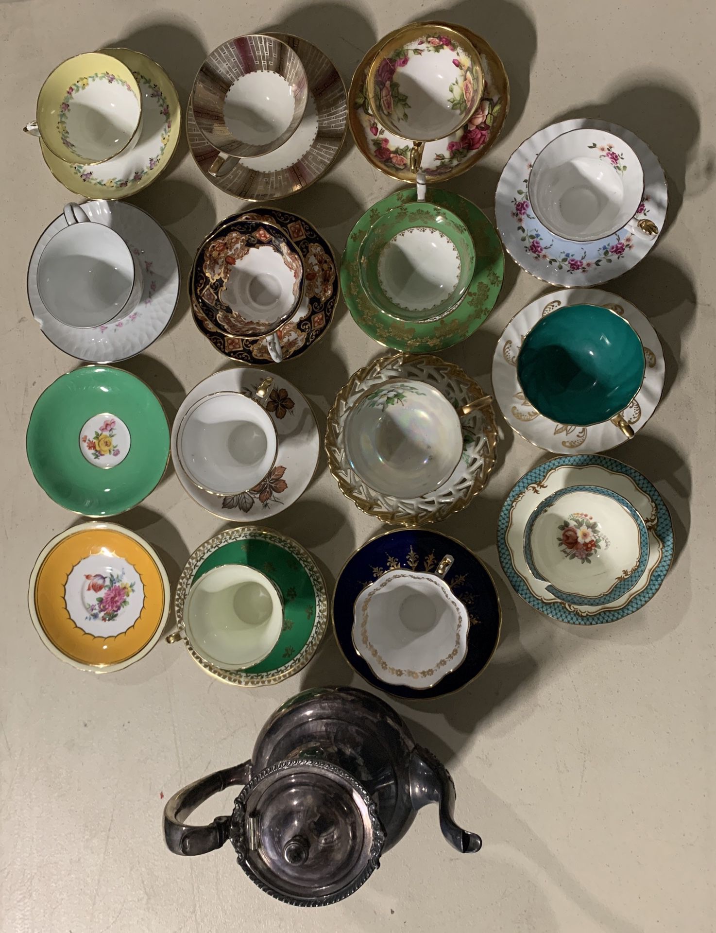 Medley of Antique Fine China Tea Cup Set with Antique Tea Pot
