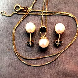 Pearl Earring and Necklace Set (Earring in 14 K Gold and Necklace in 10 karat Gold)