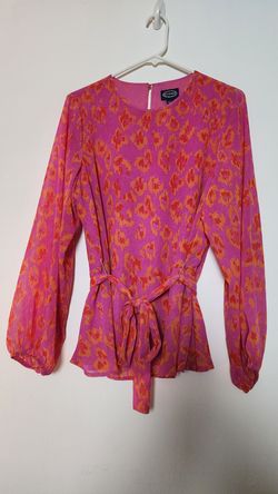 Women's Pink Orange Tie Waist Long Sleeve Blouse Size L