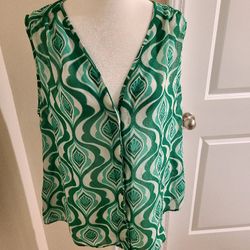 Cabi Polyester Chiffon Top That's Light For Summer! Eclectic Greens With Throw Back 60s Vibe! Elegant Look With Button Down Front And Shirring At Sho