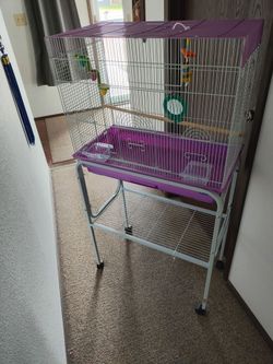 Bird cage with stand,perch,food/water dishes,swing,toy and snack cups. Like bew