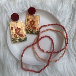 Red & colorful floral earrings & 3 boho beaded bracelets